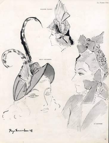 Roger Descombes, Femmes aux Chapeaux, 1948 - Illustration de mode, Femmes aux Chapeaux, « La Femme Chic», 1948