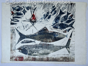 Roger Descombes, Les Poissons, 1956 - Les Poissons, linogravure,