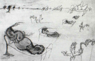 Roger Descombes, Les Bléssés du Désert 1943, 1943 - Dessin surréaliste exposé à la galerie  Redfern, Londres, 1943